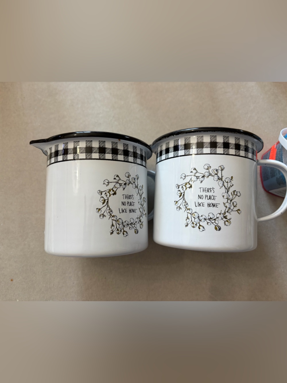 Set of 2 White Floral Wreath Mugs with Black Buffalo Plaid Rim